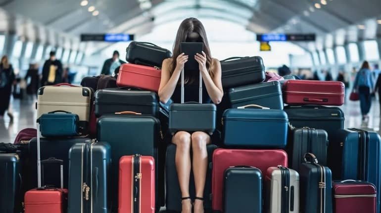 Travel Addiction woman airport suitcases feat