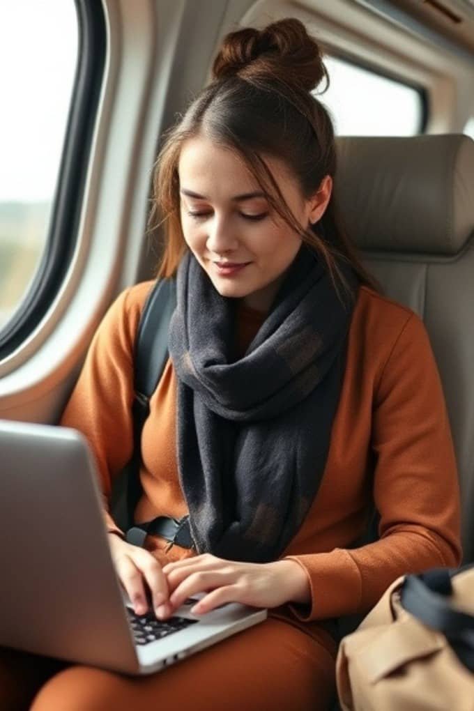 A person is sitting on a train, working on a laptop. The person is wearing an orange sweater and a dark scarf, with a backpack beside them.