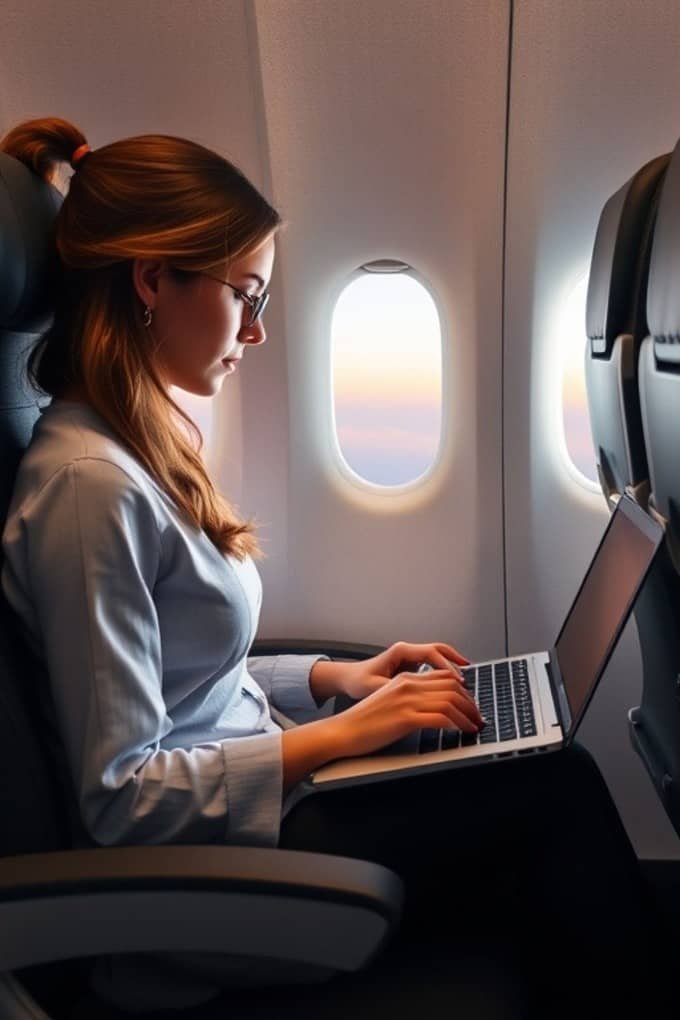 A person is seated on an airplane, working on a laptop. The airplane window shows a serene sky with soft colors.