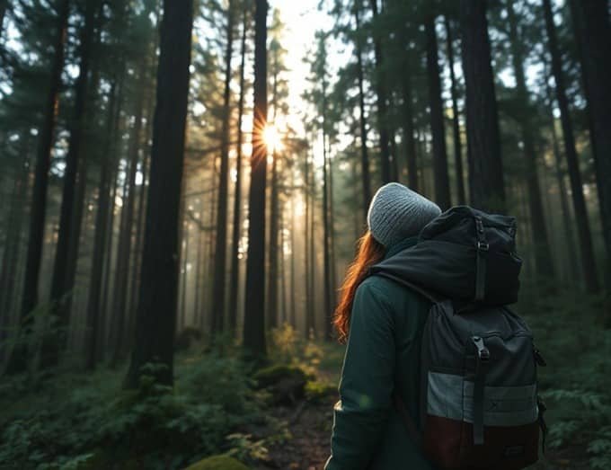 A person with a backpack and beanie stands in a dense forest, with sunlight filtering through tall trees.