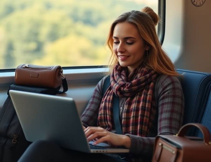 A person is sitting on a train, working on a laptop. The person has a plaid scarf and a brown bag on the seat.