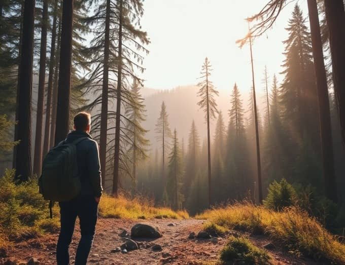 A person with a backpack stands on a forest trail, surrounded by tall trees and illuminated by soft sunlight.