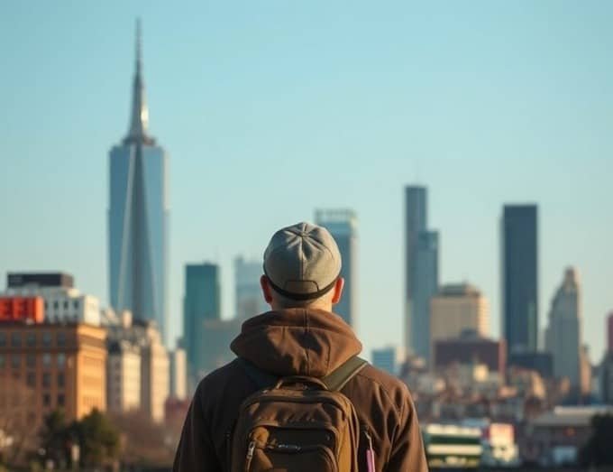 A person with a backpack and cap is facing a city skyline with tall buildings, including a prominent skyscraper.