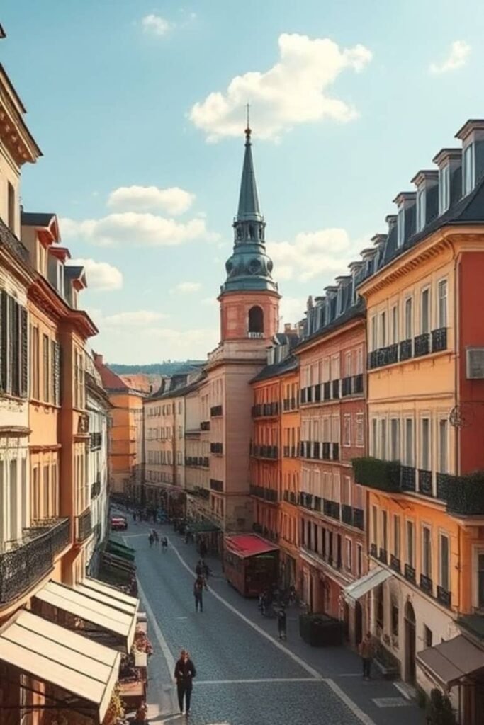 A picturesque European street with colorful buildings, a central church tower, and people walking along the cobblestone road.