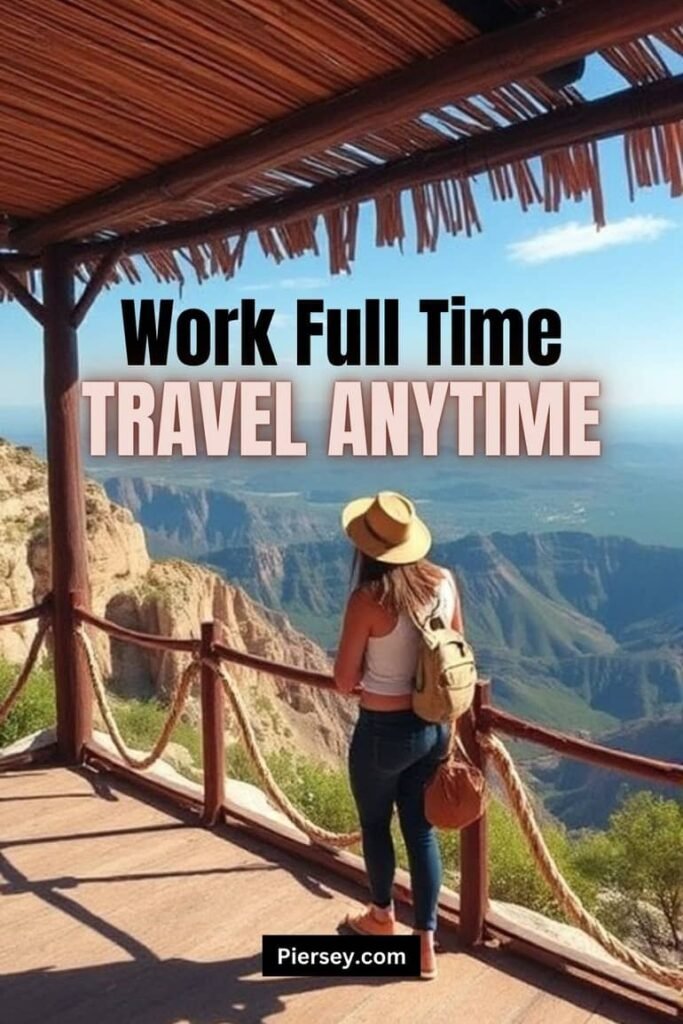 A person with a backpack and hat stands on a wooden deck overlooking a vast canyon, with text reading "Work Full Time, Travel Anytime" and "Piersey.com".