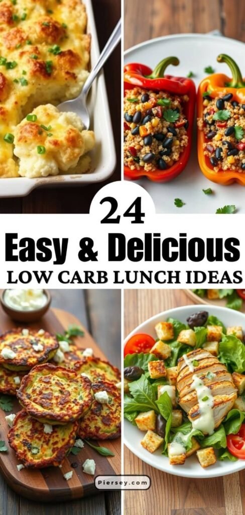 The image shows a collage of four low-carb lunch dishes, including cauliflower bake, stuffed bell peppers, zucchini fritters, and a chicken salad, with the text "24 Easy & Delicious Low Carb Lunch Ideas" from piersey.com.