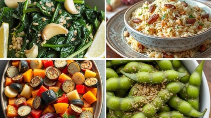 A collage of healthy dishes: sautéed greens with garlic and lemon, rice with nuts, roasted colorful vegetables, and seasoned edamame beans.