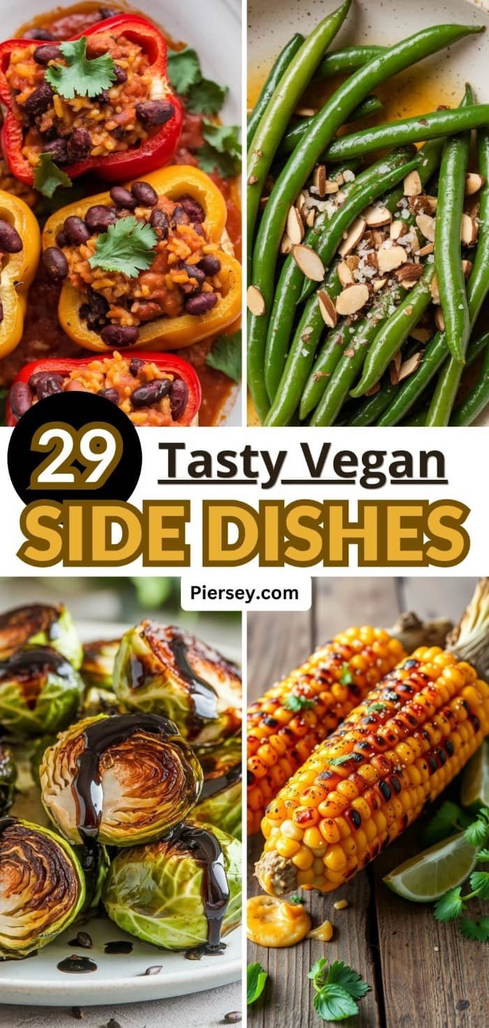 A collage of colorful vegan side dishes: stuffed peppers, green beans with almonds, roasted Brussels sprouts, and grilled corn. Text reads "29 Tasty Vegan Side Dishes."