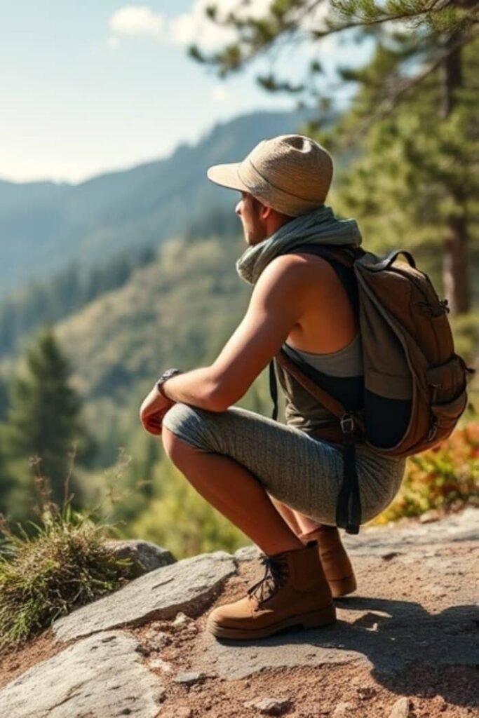 A person is squatting on a rocky trail, wearing hiking gear including a hat, scarf, backpack, and boots, with a scenic mountain view in the background.