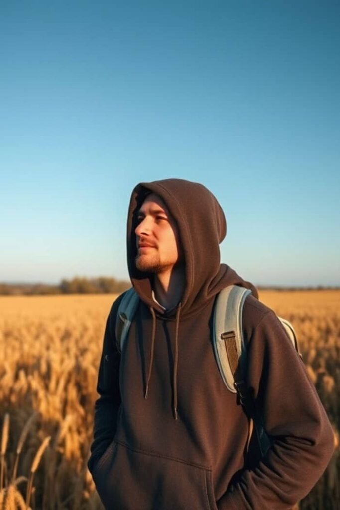 A person wearing a brown hoodie and a backpack stands in a golden wheat field under a clear blue sky