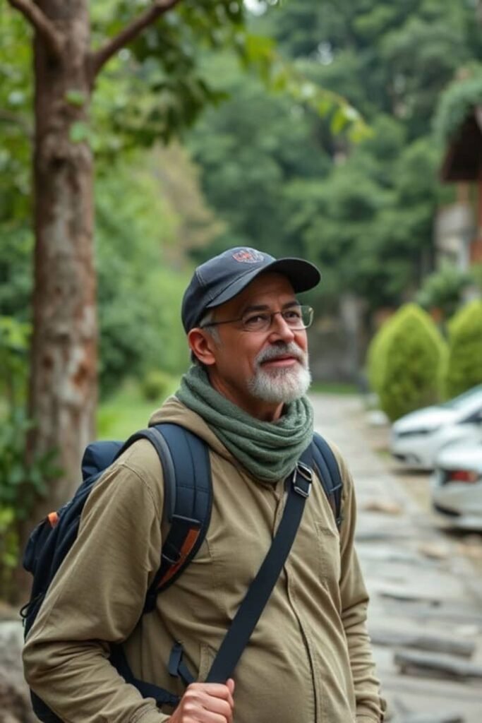 A person wearing a cap, glasses, and a scarf stands outdoors. The person has a backpack and is dressed in a jacket. Greenery and parked cars are in the background.