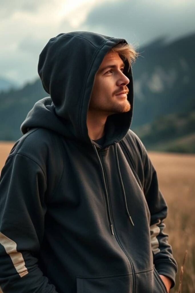 A person wearing a dark hoodie with the hood up stands outdoors in a field, with mountains in the background