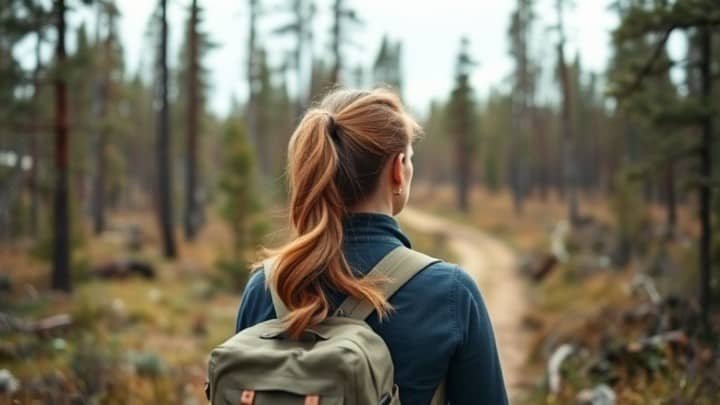 A person with a ponytail and a backpack is walking on a forest trail, surrounded by tall trees and natural scenery.