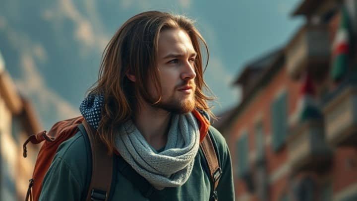 A person with long hair, wearing a scarf and backpack, stands in a bustling town with buildings and flags around