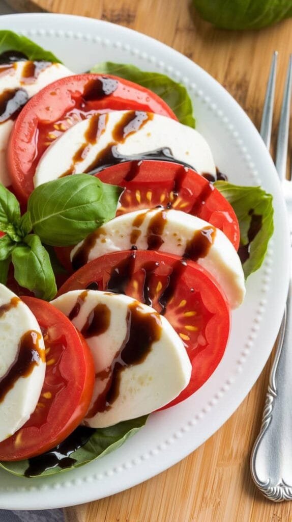 A Caprese salad with fresh mozzarella, sliced tomatoes, and basil leaves, drizzled with a rich balsamic glaze.