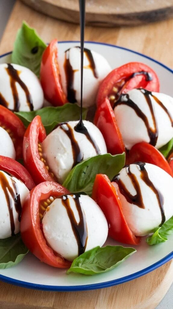 Caprese salad with fresh mozzarella, sliced tomatoes, and basil leaves, drizzled with a rich balsamic glaze.