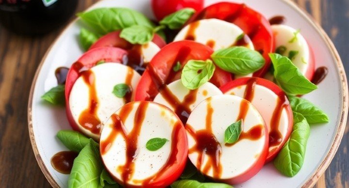 A fresh Caprese salad with sliced tomatoes, mozzarella, basil leaves, and balsamic glaze on a white plate.