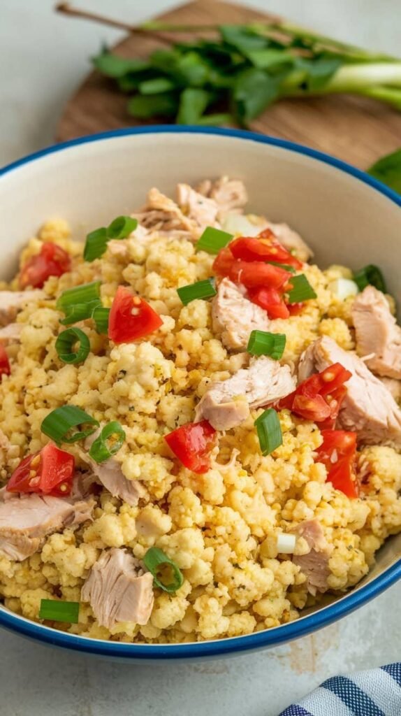 A bowl of cauliflower couscous salad with chunks of chicken, diced tomatoes, and chopped green onions, garnished with fresh herbs.