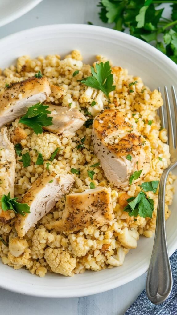 A bowl of seasoned chicken pieces served over a bed of cauliflower couscous and garnished with parsley.