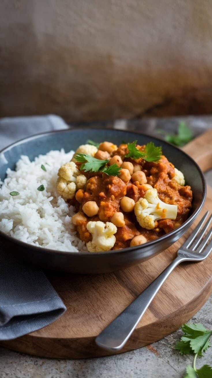 A bowl of white rice topped with a chickpea and cauliflower curry, garnished with cilantro, placed on a wooden board with a fork and napkin beside it.