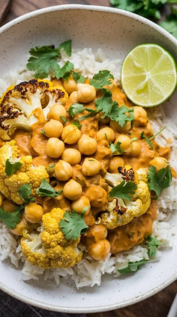 A bowl of rice topped with a vibrant curry containing chickpeas, cauliflower, green chilies, and garnished with cilantro.