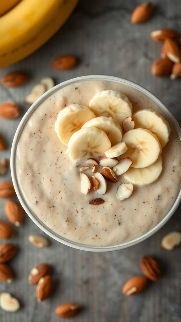 A delicious almond butter banana smoothie topped with banana slices and almonds.