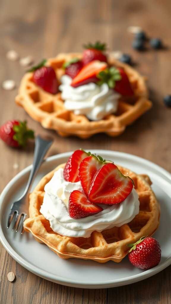 A plate of almond flour waffles topped with whipped cream and fresh strawberries.