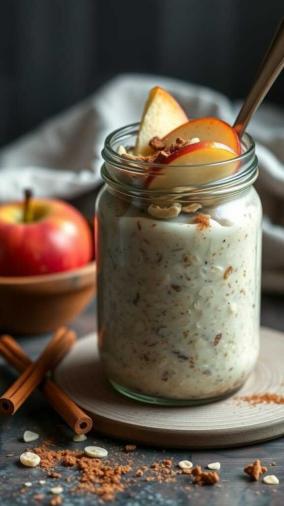 A jar of apple cinnamon overnight oats topped with apple slices and cinnamon.