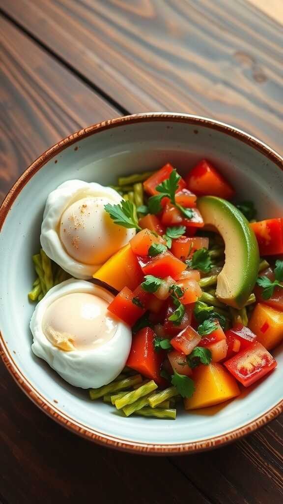 A vibrant breakfast bowl with avocado, salsa, and poached eggs on a wooden table.