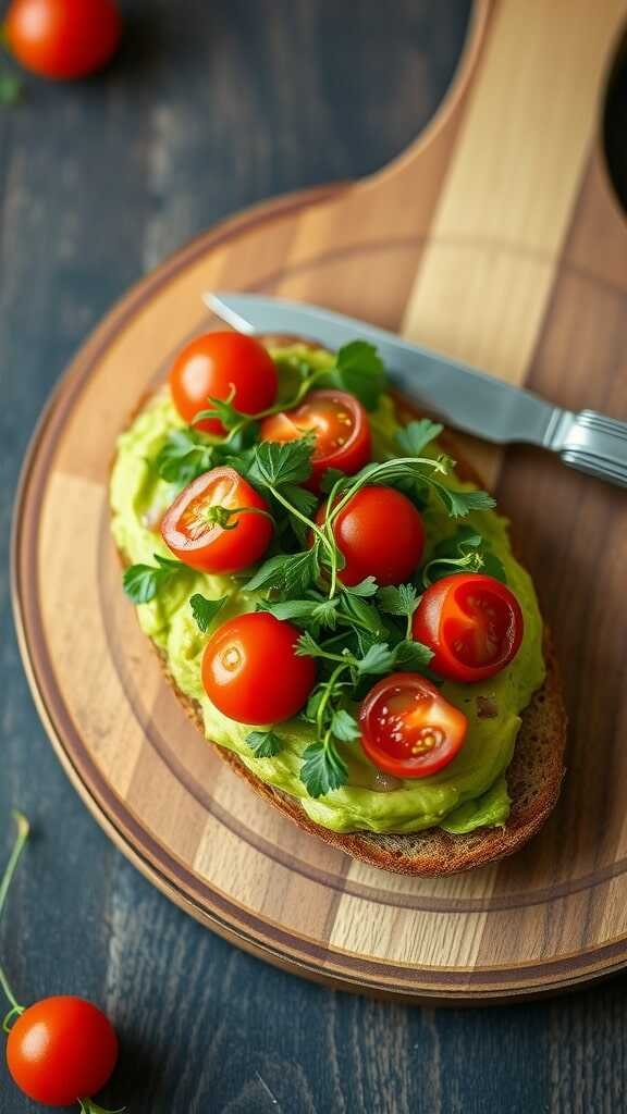 Avocado toast topped with cherry tomatoes on a wooden board.