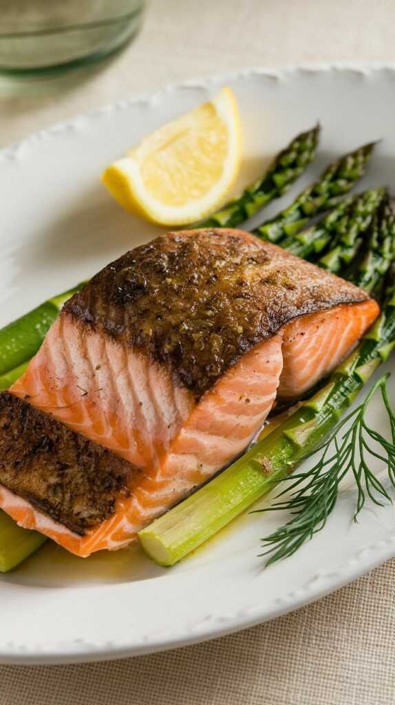 A plate of baked salmon fillets served with asparagus.