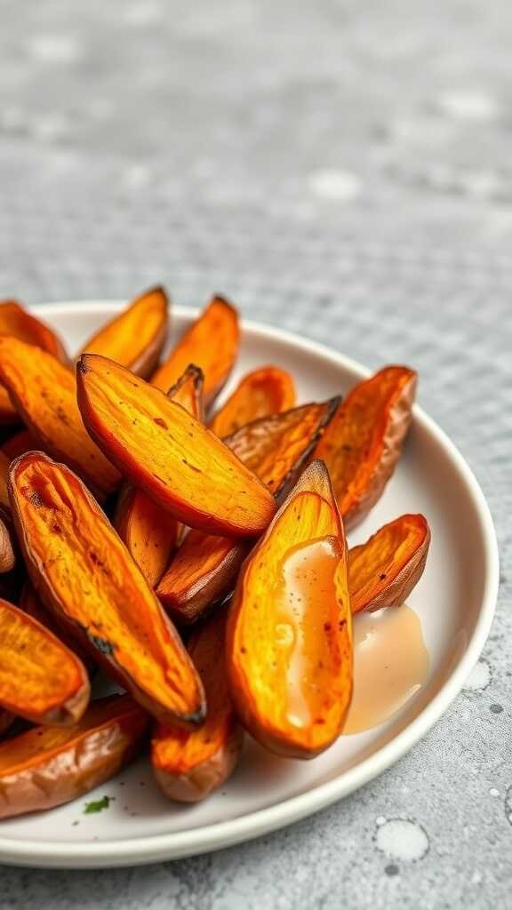 Baked sweet potato wedges served on a plate