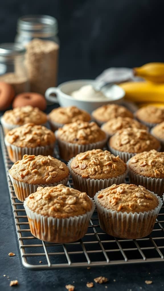 Vegan banana oatmeal muffins cooling on a wire rack