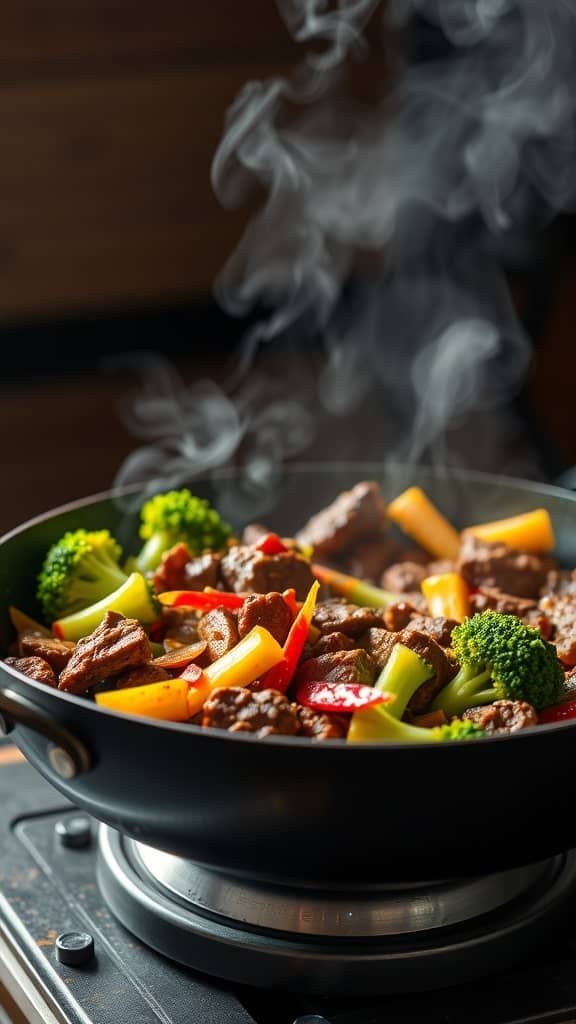 A sizzling beef and broccoli stir-fry in a wok with colorful vegetables.