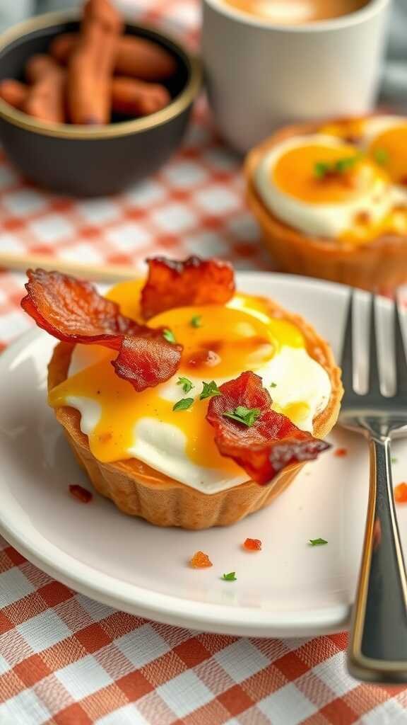 Delicious breakfast egg cups topped with crispy bacon, served on a plate.