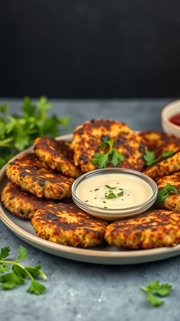 A plate of golden-brown quinoa fritters with a dipping sauce on the side, garnished with fresh herbs.