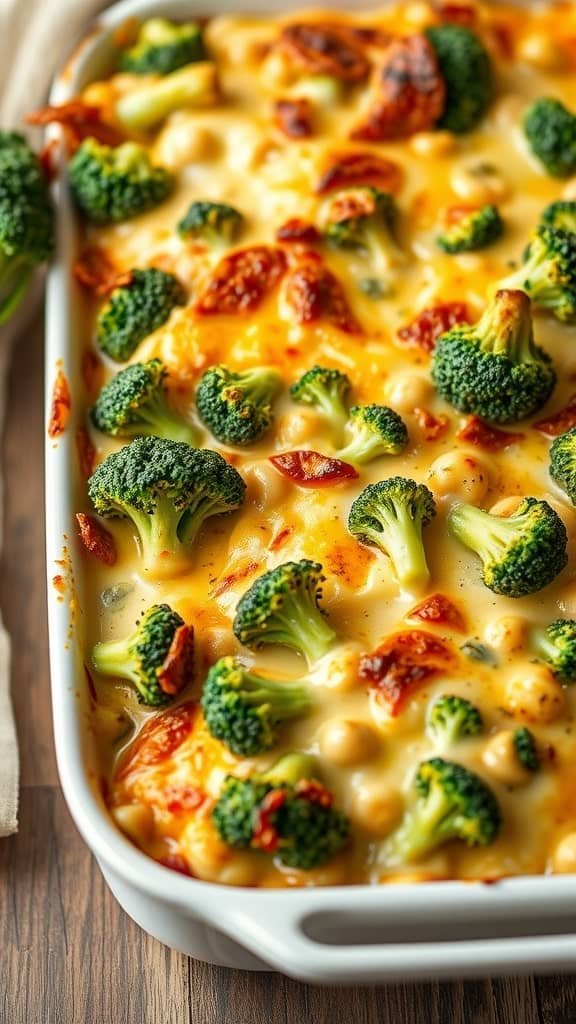 A delicious broccoli and cheese casserole with golden melted cheese and fresh broccoli on top.