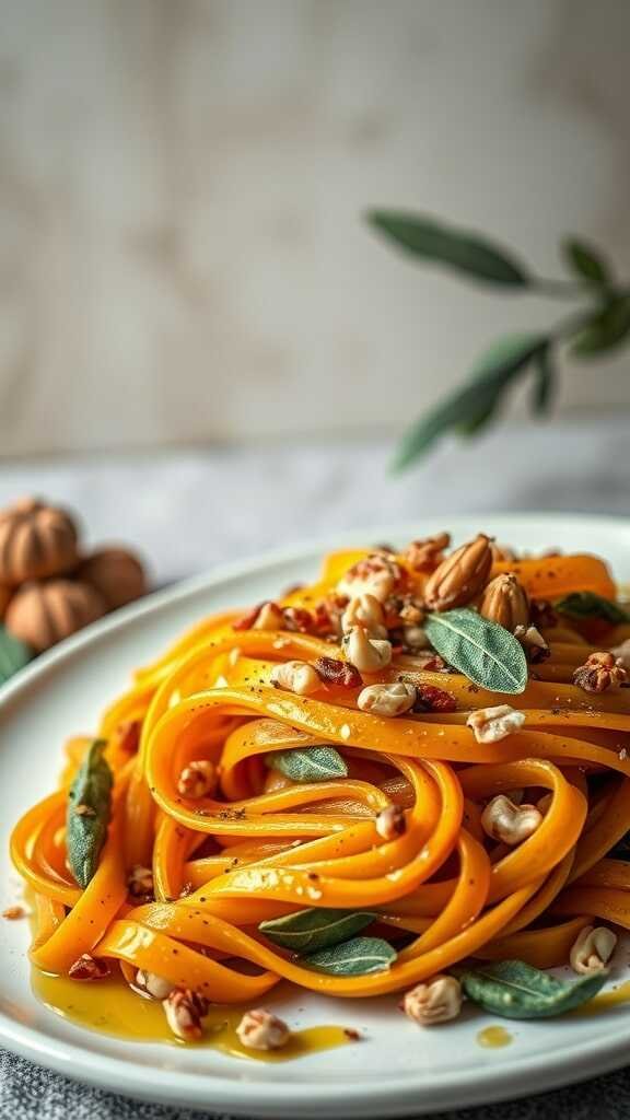 A plate of butternut squash and sage pasta garnished with nuts and herbs.