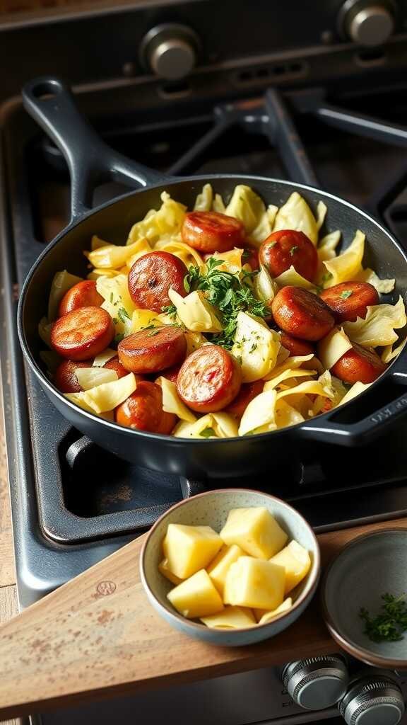 A delicious Cabbage and Sausage Skillet on the stove.