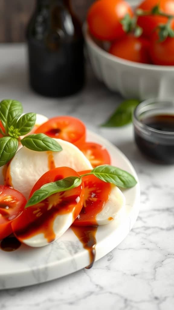 A plate of Caprese salad featuring sliced tomatoes and mozzarella drizzled with balsamic glaze.