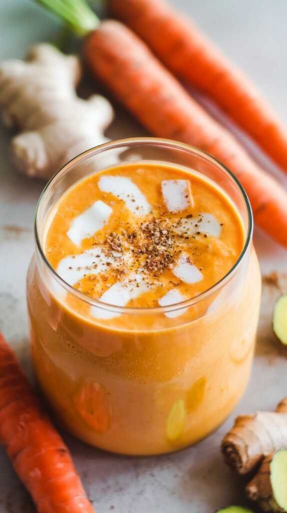 A glass of bright orange carrot ginger turmeric smoothie with fresh carrots and ginger beside it.