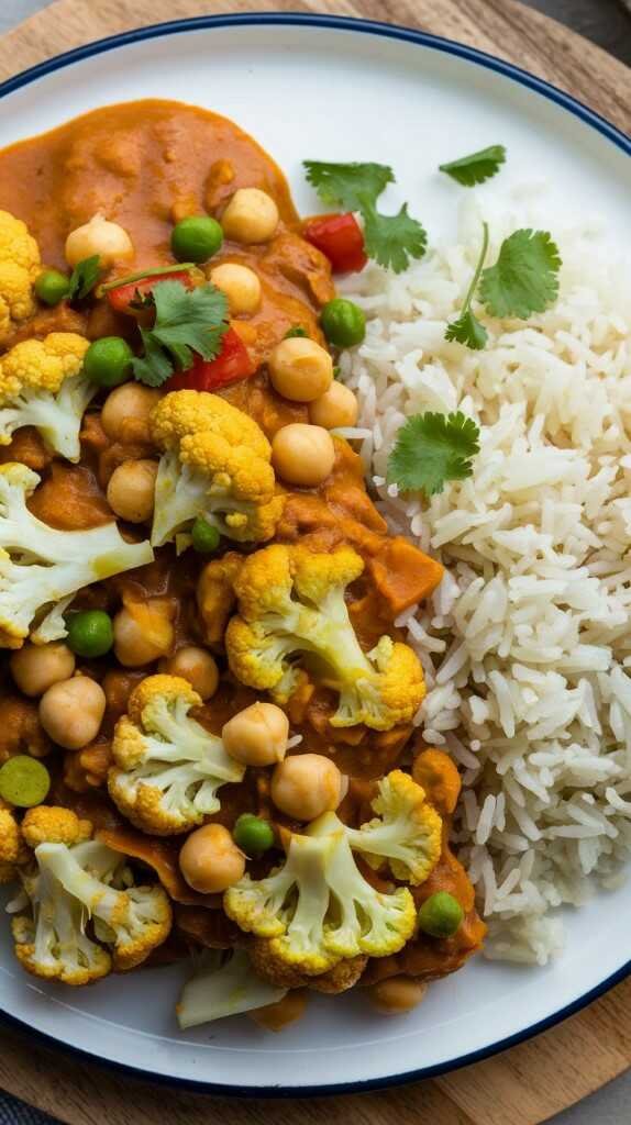 A bowl of cauliflower and chickpea curry with vibrant colors and fresh herbs.