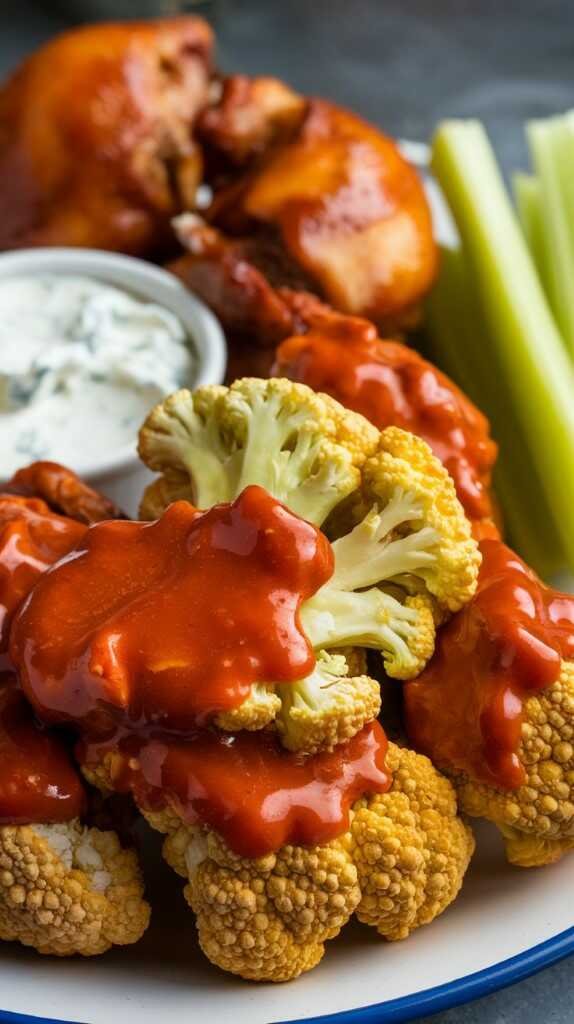 A plate of Cauliflower Buffalo Wings with ranch dressing, celery sticks and sauce