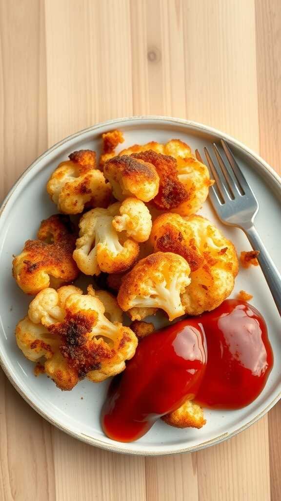 Plate of golden-brown cauliflower hash browns with ketchup