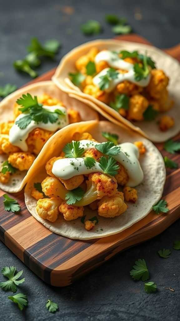 Delicious cauliflower tacos topped with cilantro and lime crema