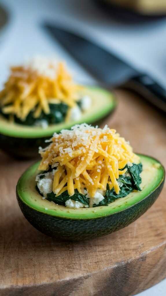 Cheese and spinach stuffed avocado topped with an egg and garnished with fresh herbs.