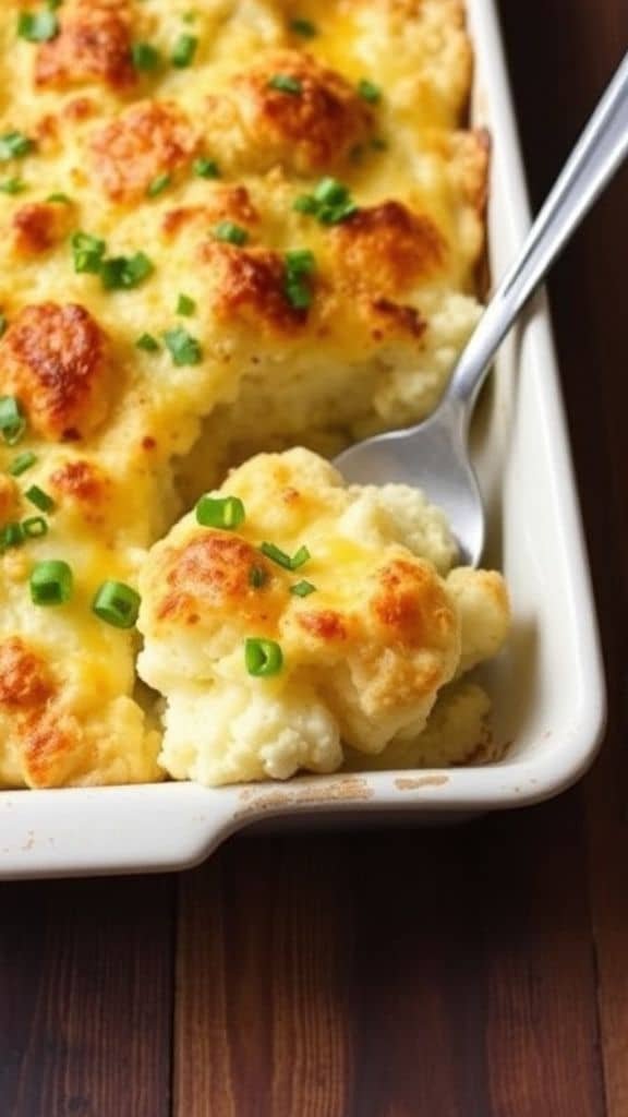 A beautifully presented dish of cheesy cauliflower bake, showcasing golden-brown cauliflower florets topped with melted cheese.