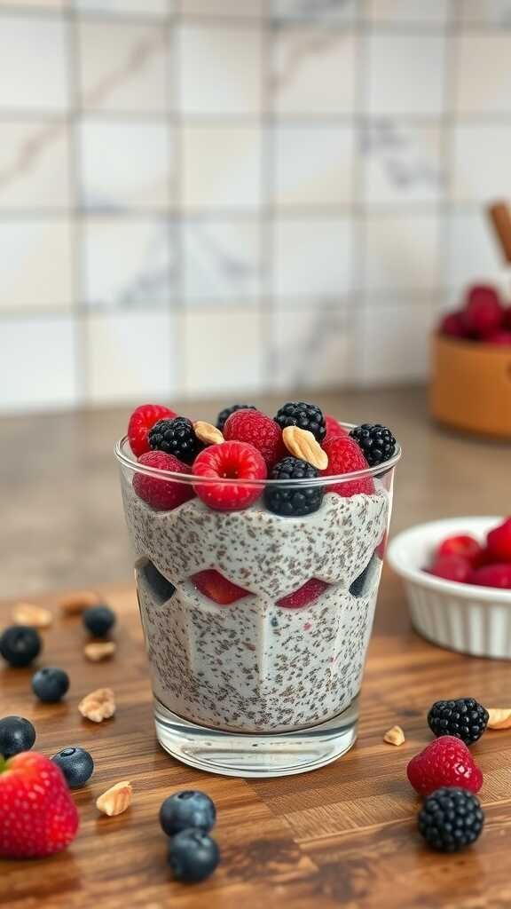 Chia seed pudding topped with fresh berries and nuts in a glass