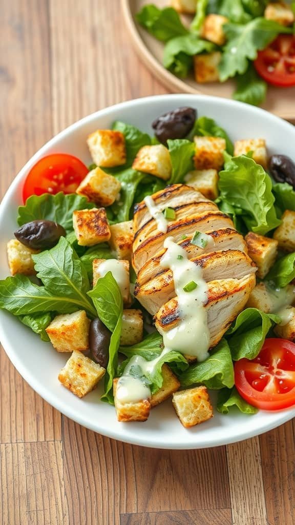 A plate of Chicken Caesar Salad with grilled chicken, lettuce, tomatoes, croutons, and Caesar dressing.