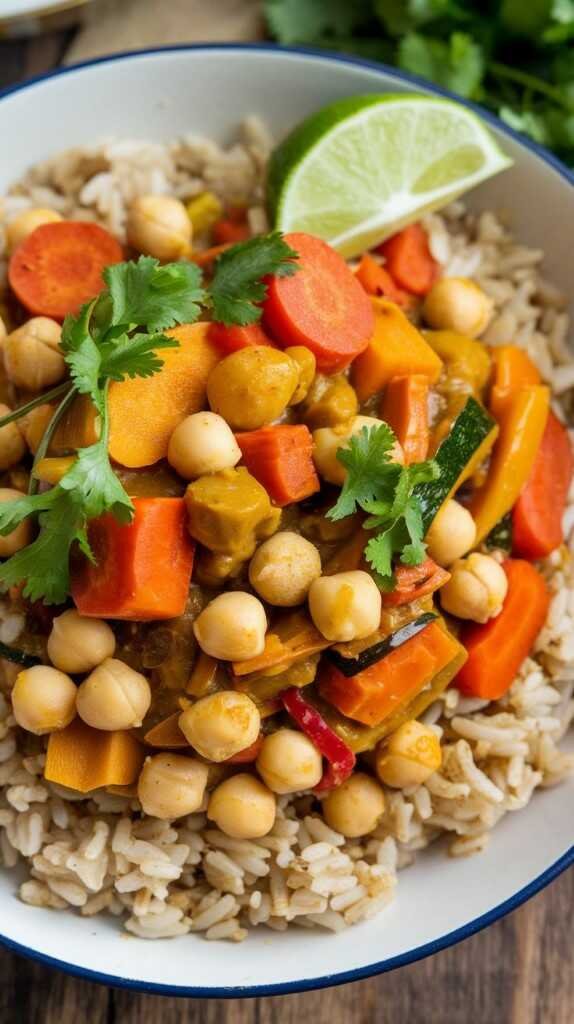 Bowl of chickpea and sweet potato curry garnished with cilantro.